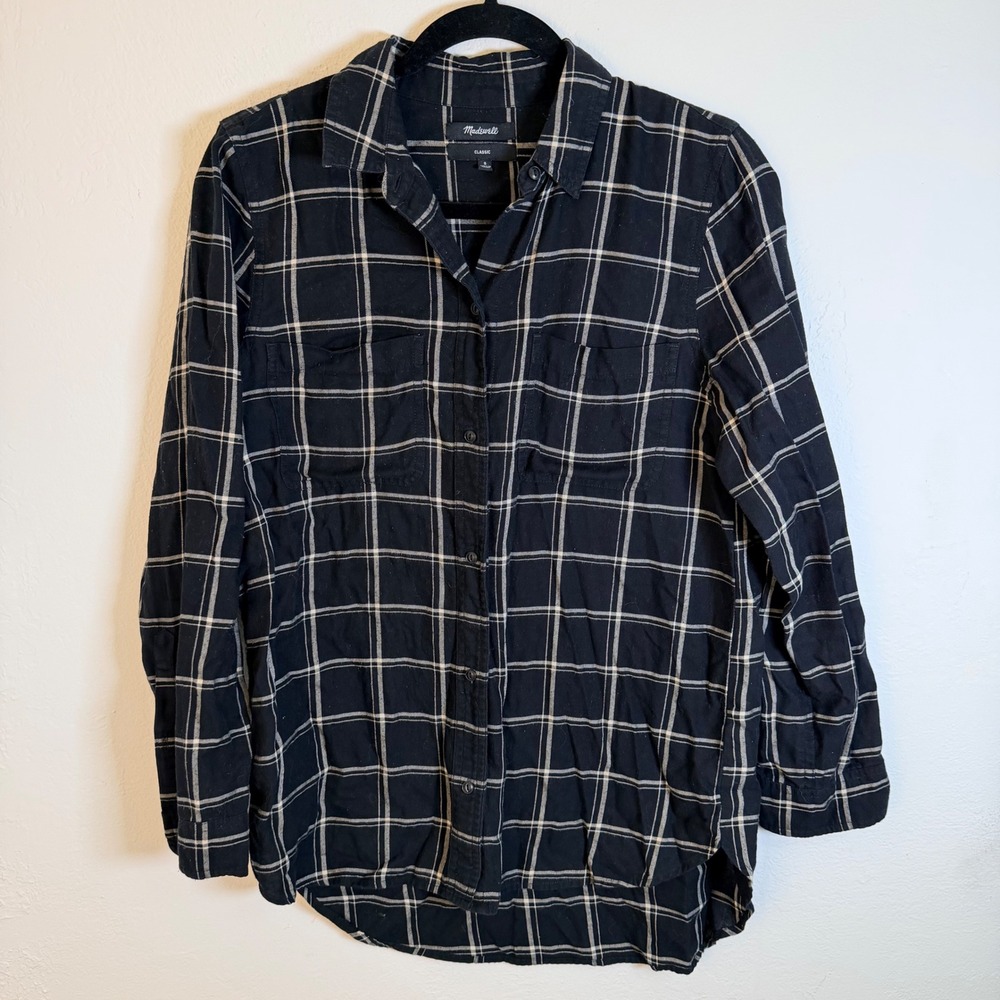 Madewell Classic Ex-Boyfriend Shirt Black White Windowpane Plaid Cotton Academia